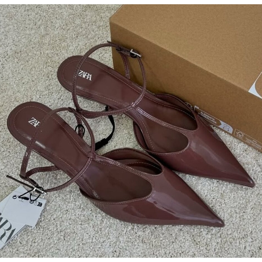 Zara NWT Brown Patent T Strap Slingback Pointed Toe Kitten Heels 9 10 - Picture 5 of 16